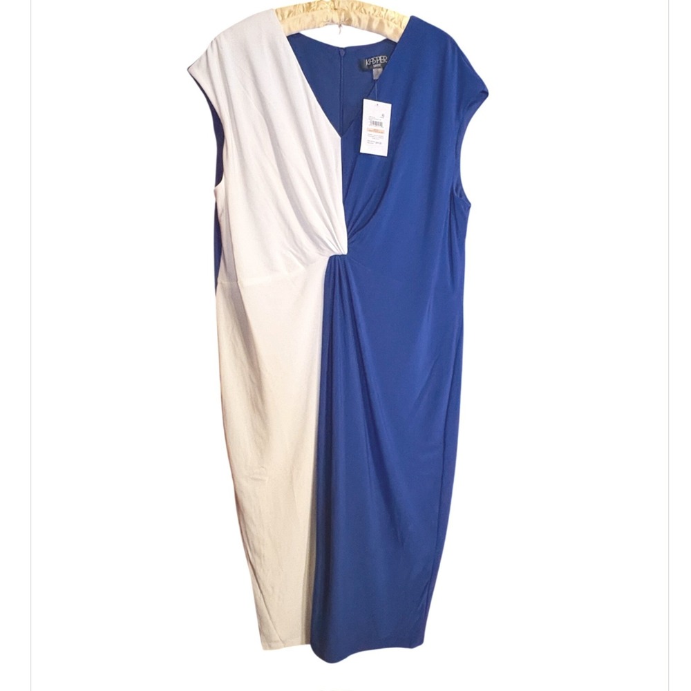 Kasper Sheath Dress Women 2X Blue White Good Colorblock Twist Front V-Neck Cap